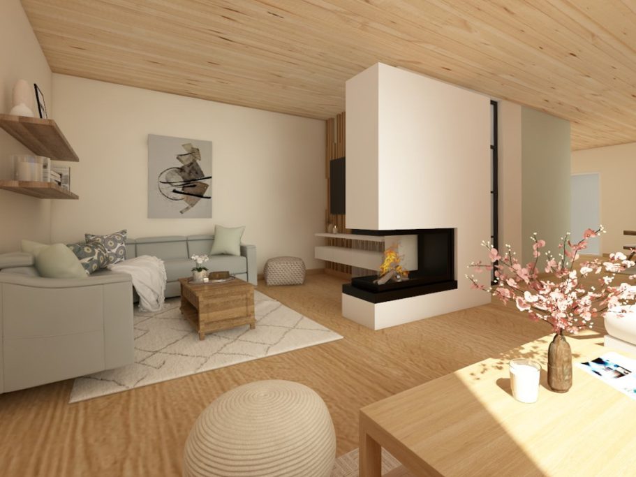 Heller Wohnraum mit Kamin, Couch, Tisch und moderner Dekoration.
