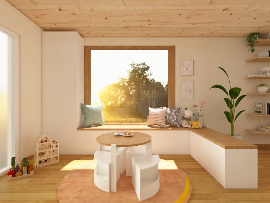 Helles Wohnzimmer mit Fensterbank, runder Tisch und Pflanzen, Sonnenlicht strömt herein.