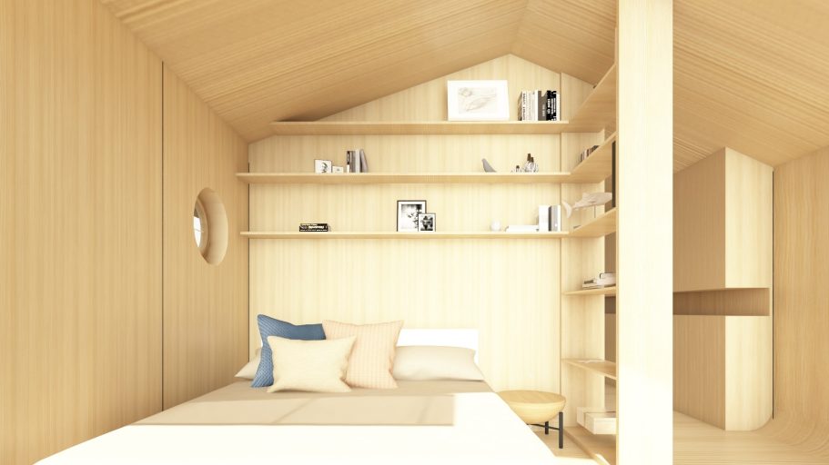 Helles Zimmer mit Holzinterieur, Bett, Regalen und dekorativen Elementen.