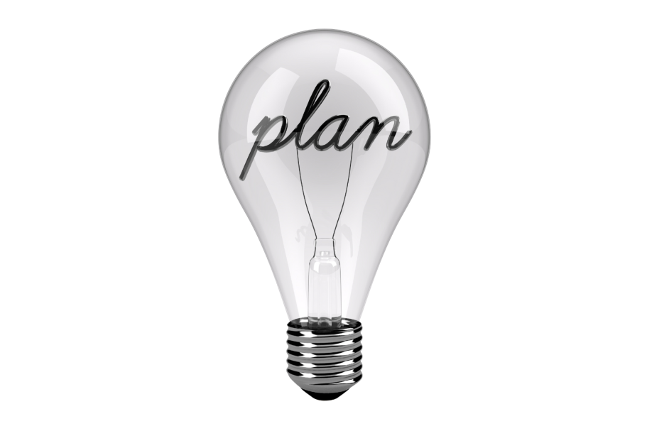 Eine Glühbirne mit dem Wort „plan“ darin geschrieben.