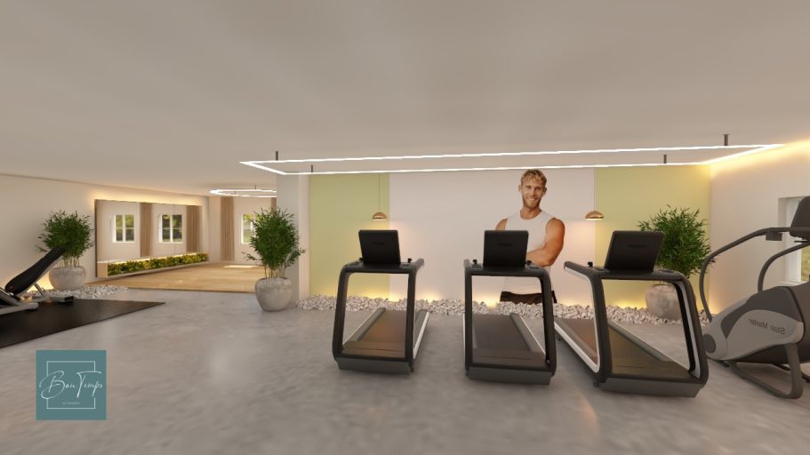 Moderne Fitnessfläche mit Laufbändern und einem großen Fenster für Tageslicht.