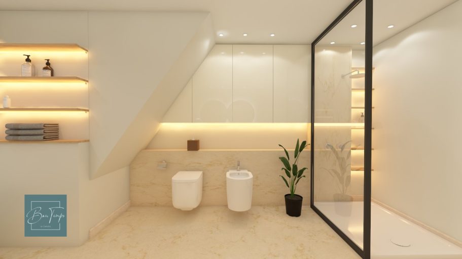 Modernes Badezimmer mit Dusche, WC, Pflanzen und sanfter Beleuchtung.