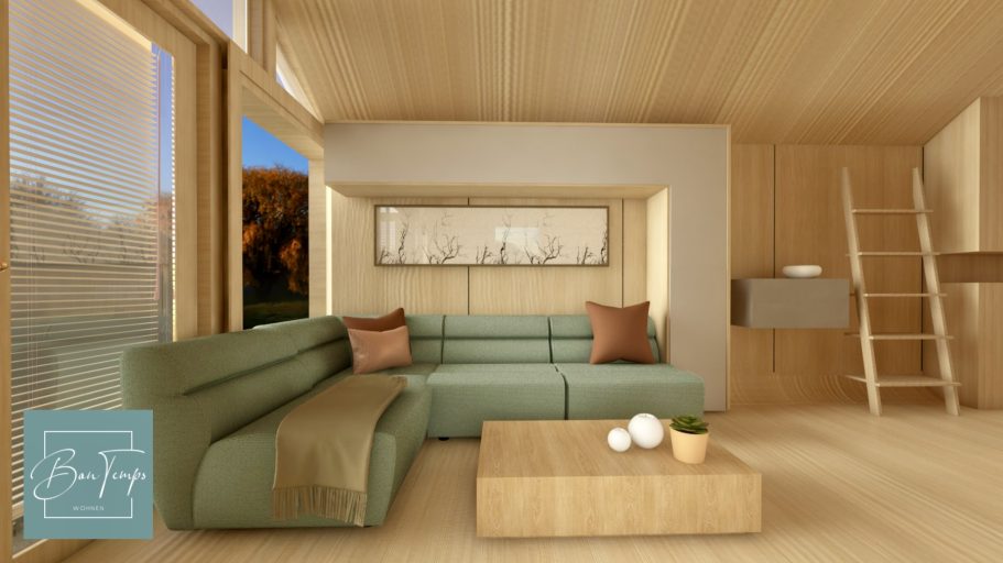 Helle, moderne Wohnzimmereinrichtung mit einer grünen Couch und Holzregalen.