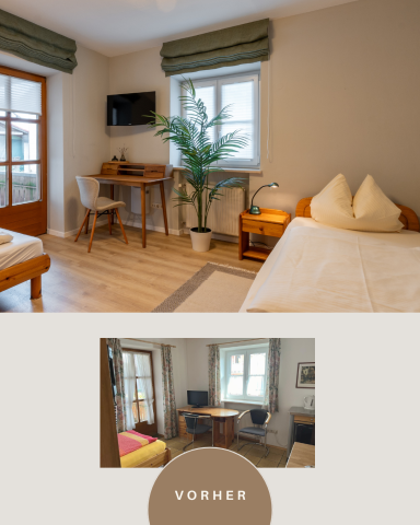 Heller Zimmer mit Holzdekor, Schreibtisch, Fernseher und Pflanzen.