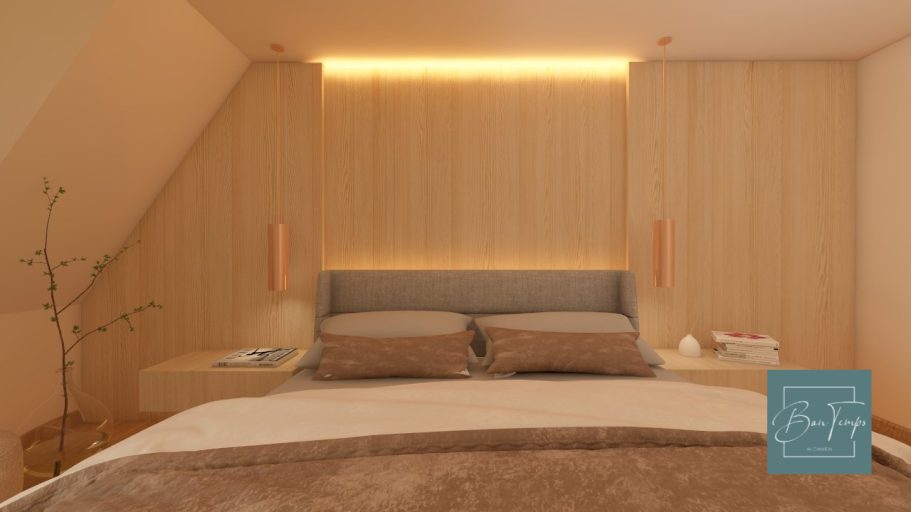 Modern Schlafzimmer mit Holzverkleidung, sanfter Beleuchtung und minimalistischer Einrichtung.