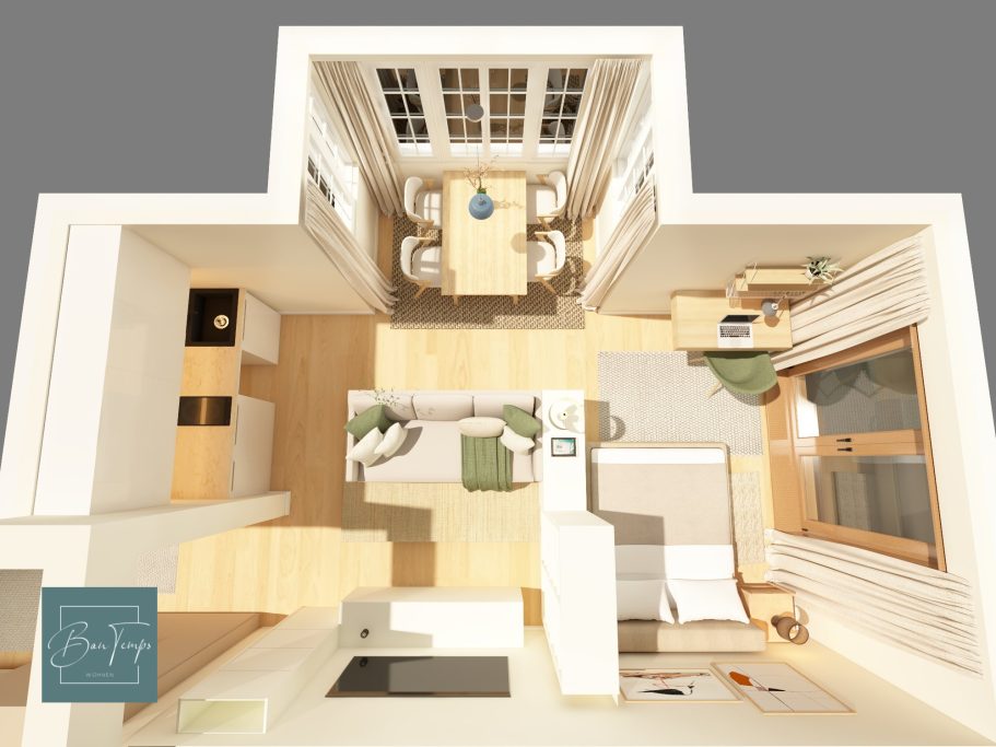 Moderne Wohnküche mit Esstisch und gemütlichem Wohnbereich, helle Farben und Holzfußboden.