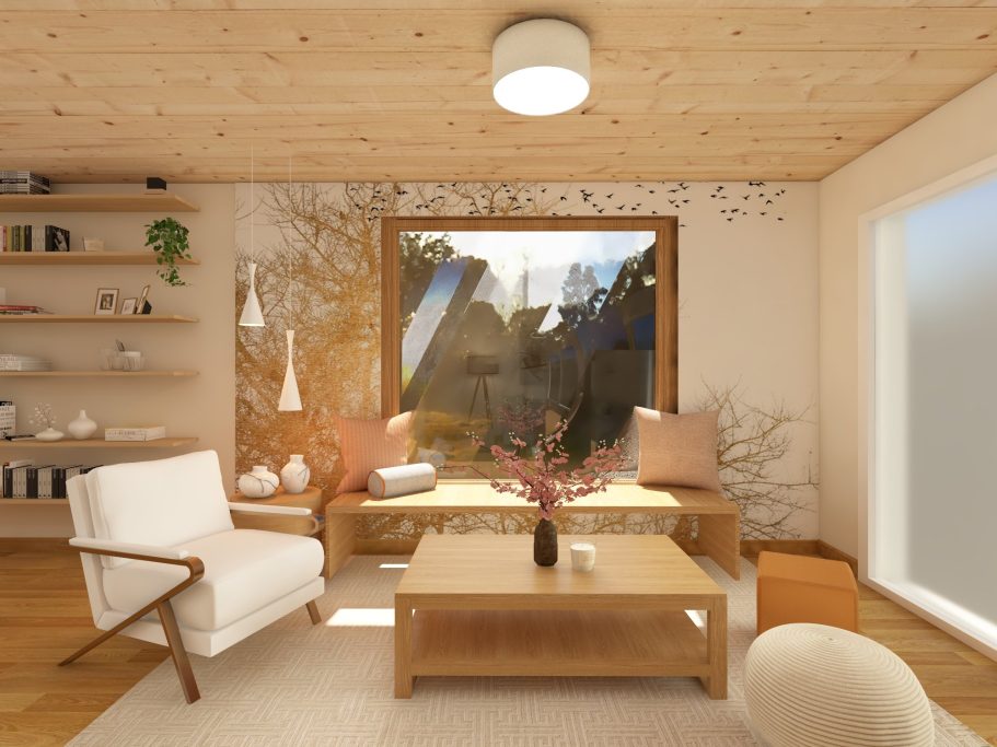 Gemütliches Wohnzimmer mit Holzdecke, modernen Möbeln und großer Fensterfront.