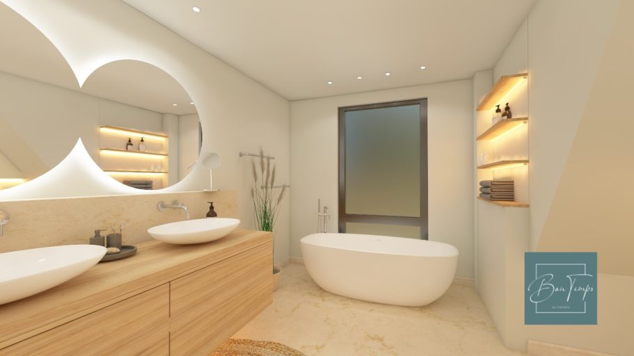 Modernes Badezimmer mit freistehender Badewanne, zwei Waschbecken und warmem Licht.