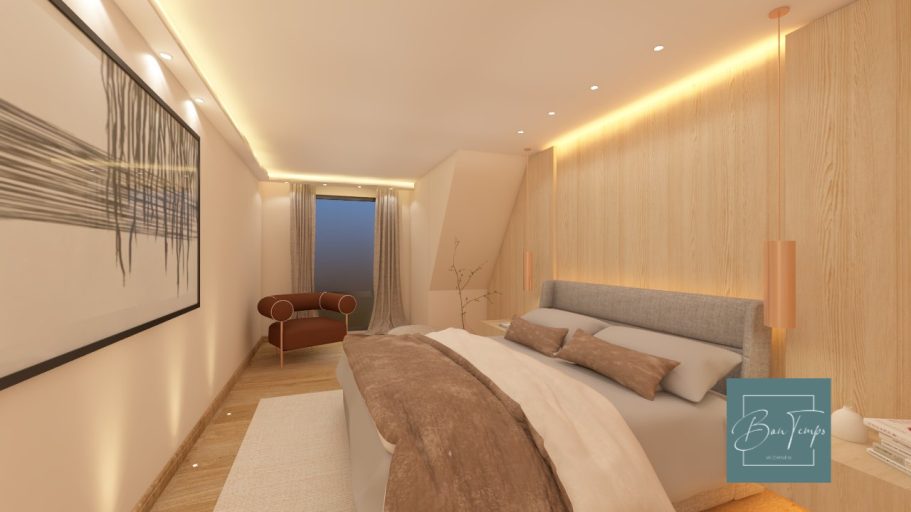 Heller, moderner Schlafzimmerbereich mit Holzdetails und sanfter Beleuchtung.