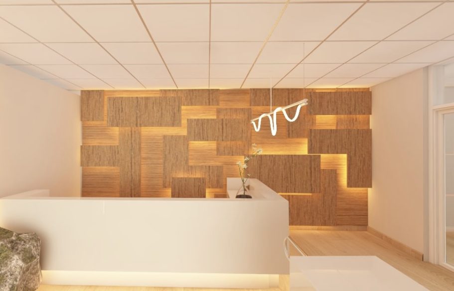 Moderne Empfangstheke vor einer Holzpanel-Wand mit sanfter Beleuchtung.