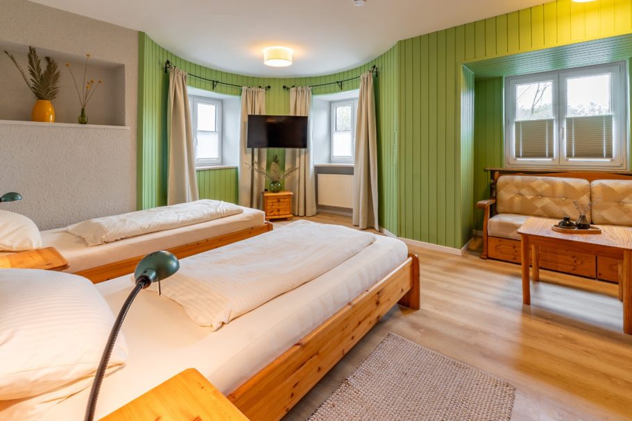 Helles Zimmer mit zwei Einzelbetten, Sofa und TV, grüne Wände und Holzdetails.