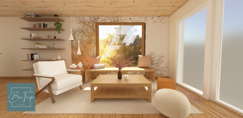 Helle, moderne Wohnzimmer mit Fenstern, Holzregalen und minimalistischer Einrichtung.