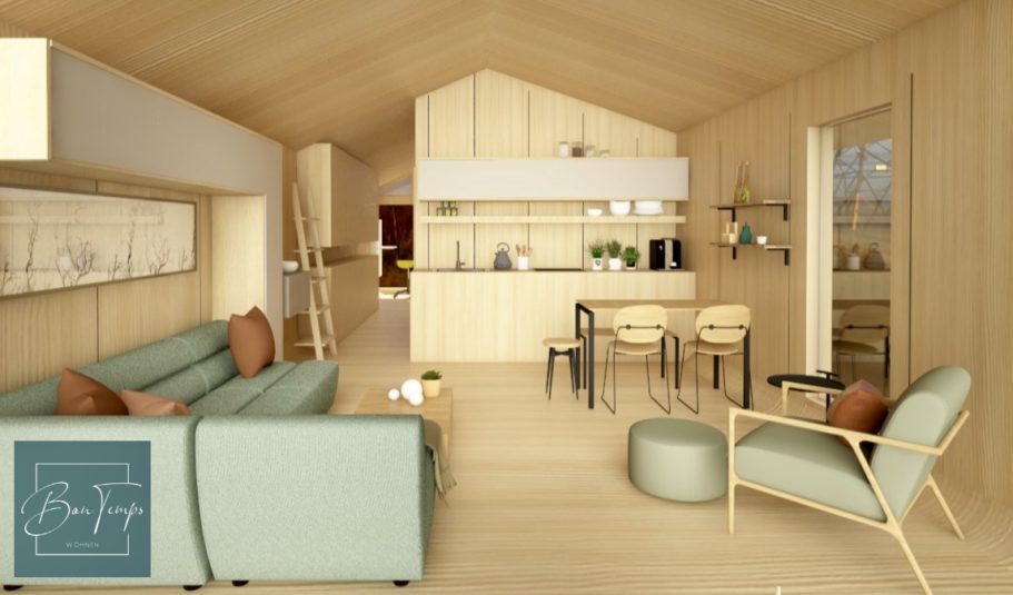 Moderne Holzwohnung mit gemütlichen Möbeln und offener Küche. Helle, einladende Atmosphäre.
