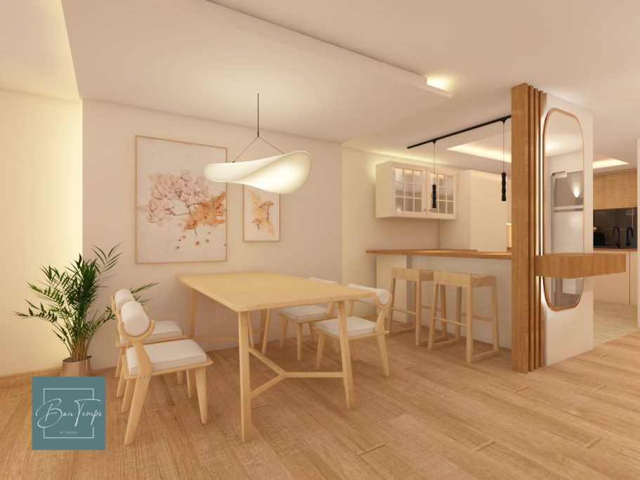 Modernes, helles Esszimmer mit Holzstuhl, Tisch und offener Küche im Hintergrund.