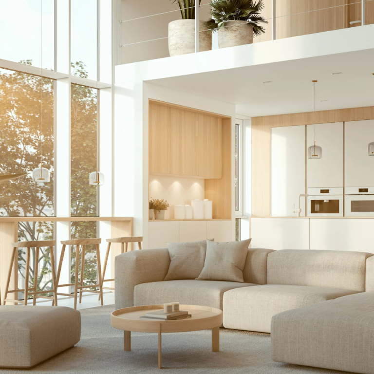 Moderner Wohnraum mit braunem Sofa, Pflanzen und offener Küche im Hintergrund.