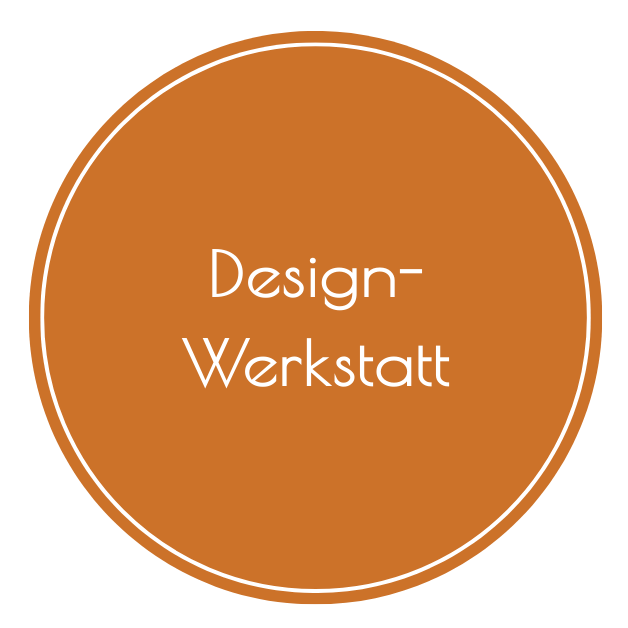 Rundes, orangefarbenes Logo mit der Aufschrift "Design-Werkstatt" in Weiß.