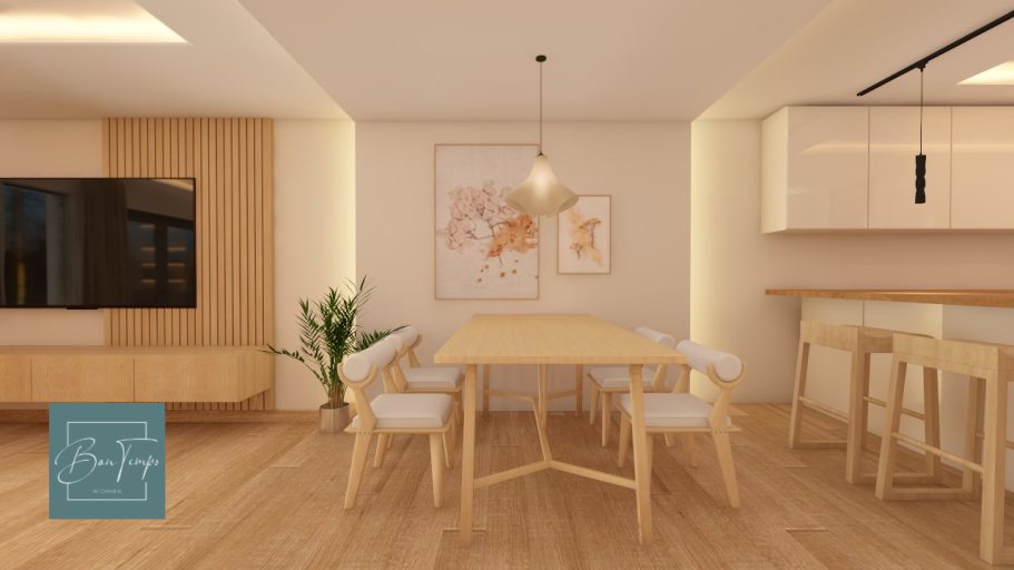 Moderne Essküche mit Holzmöbeln, Tisch, Stühlen und sanfter Beleuchtung.