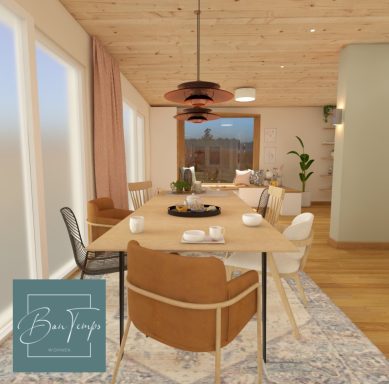 Moderne Esszimmeransicht mit einem langen Tisch, Stühlen und eleganter Beleuchtung.