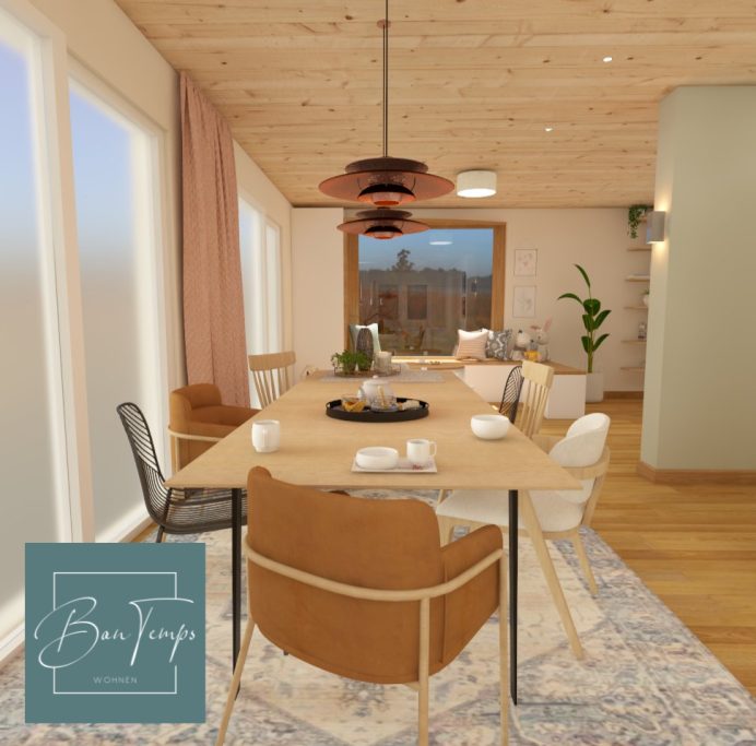 Moderne Esszimmer-Einrichtung mit Holzdetails, einem großen Tisch und stilvollen Stühlen.