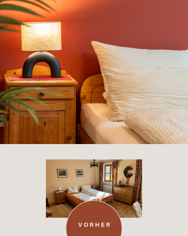 Holzschrank mit Lampe, Bett mit Kissen und Wand in warmen Rottönen.