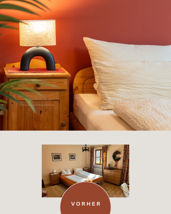 Ein gemütliches Schlafzimmer mit einem Bett, Nachttisch und einer Lampe.