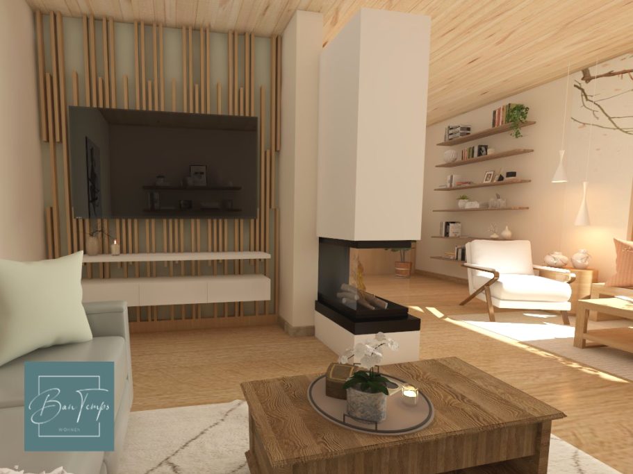 Heller Wohnraum mit Kamin, Fernseher, gemütlichen Möbeln und Holzregalen.