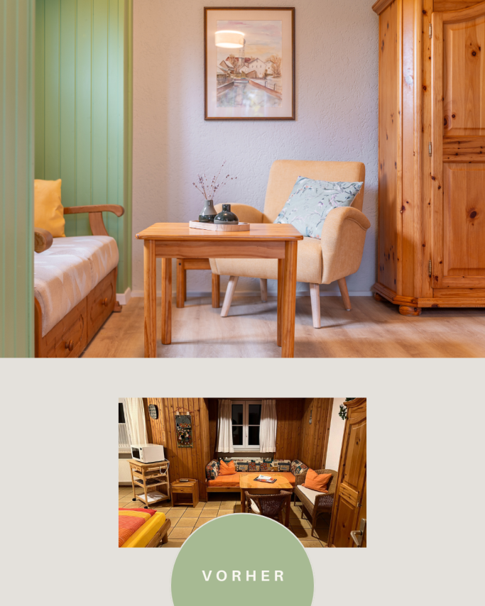 Helles Zimmer mit Holz-Möbeln, Tisch, Stuhl und gemütlicher Sitzecke.